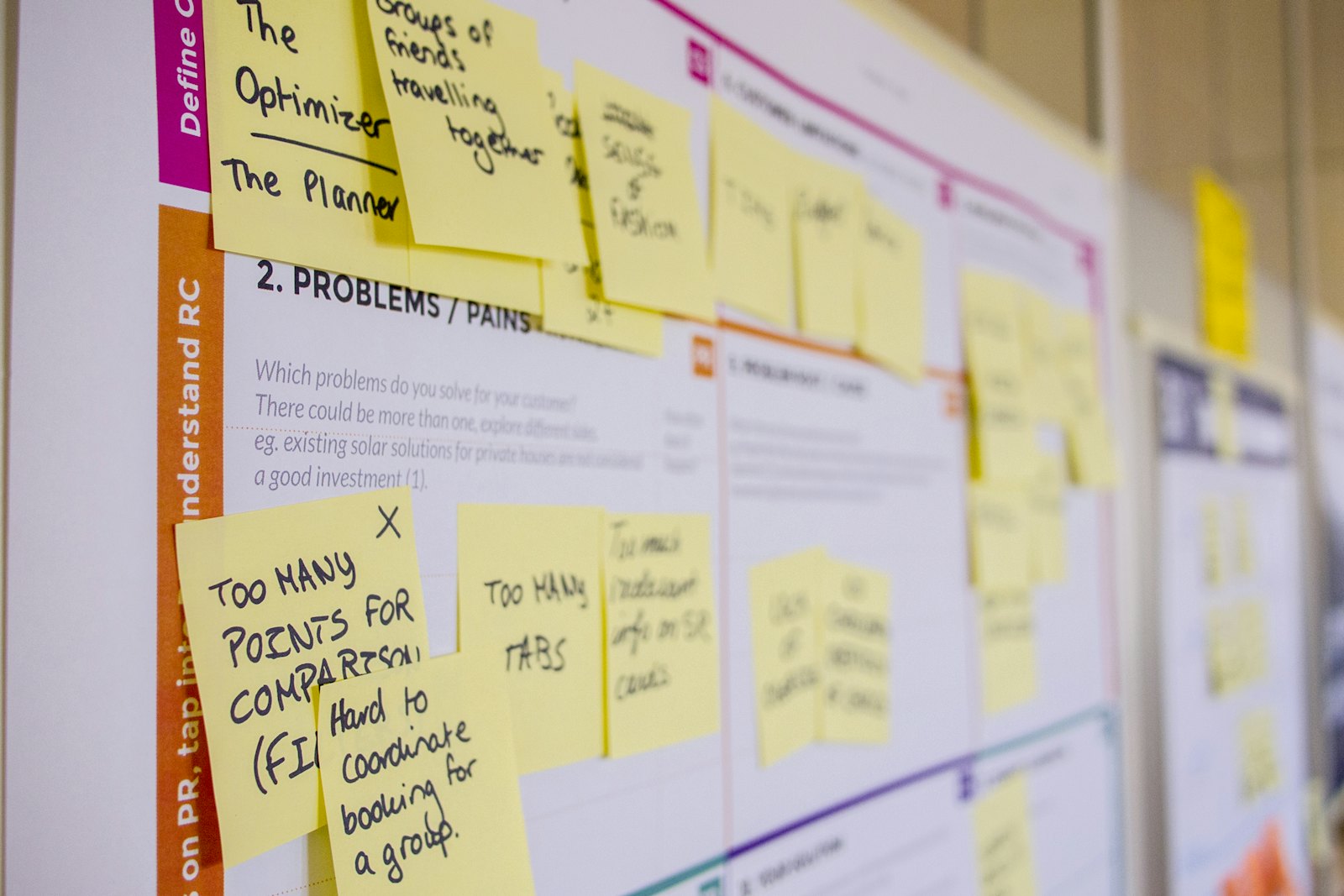 A planning board covered in sticky notes from a product workshop