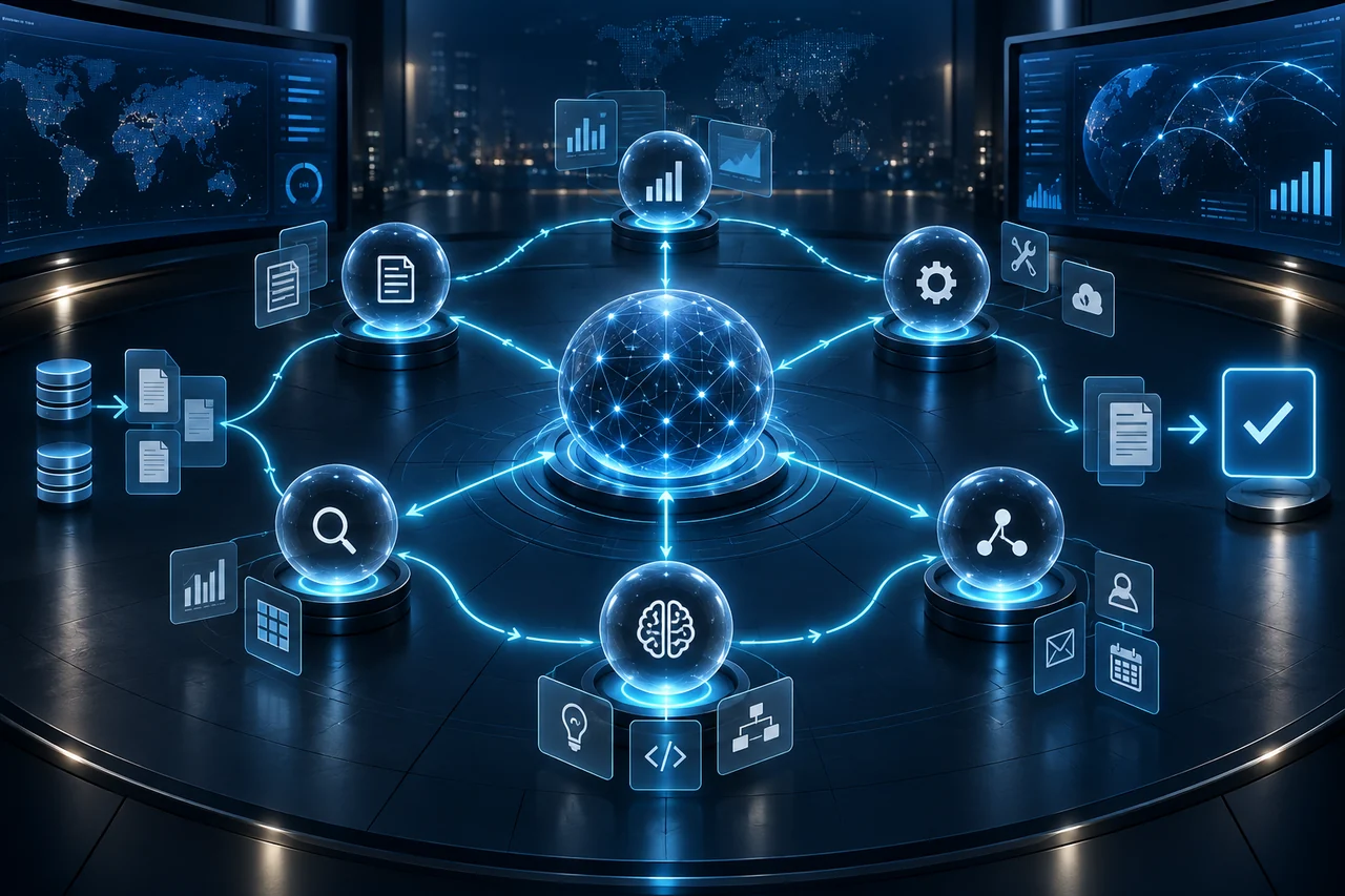 Coordinated AI agents completing a connected business workflow