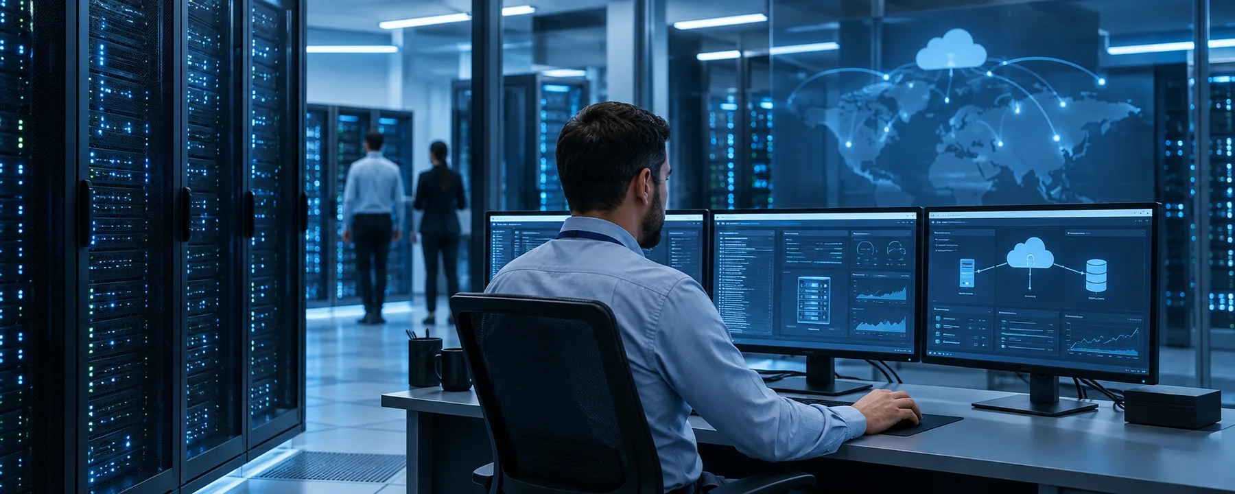 Infrastructure engineer monitoring secure servers, databases, virtual systems, and cloud operations